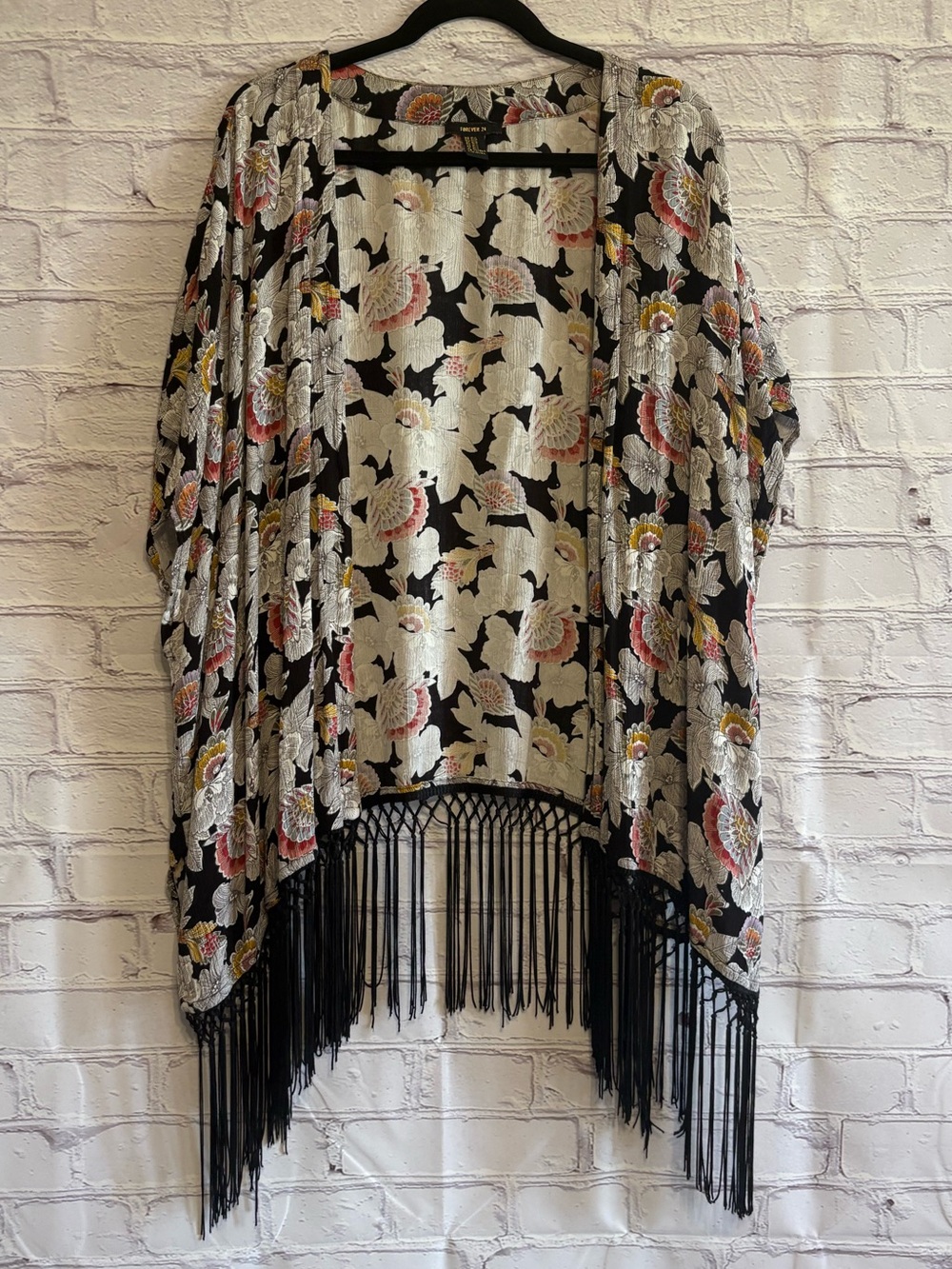 Forever 21 Black Floral Kimono with Fringe